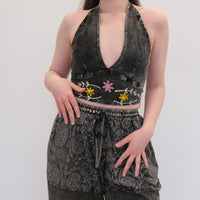 Boho Earthy Paisley Embroidered Flowy Pants with Reversible Bralette Set