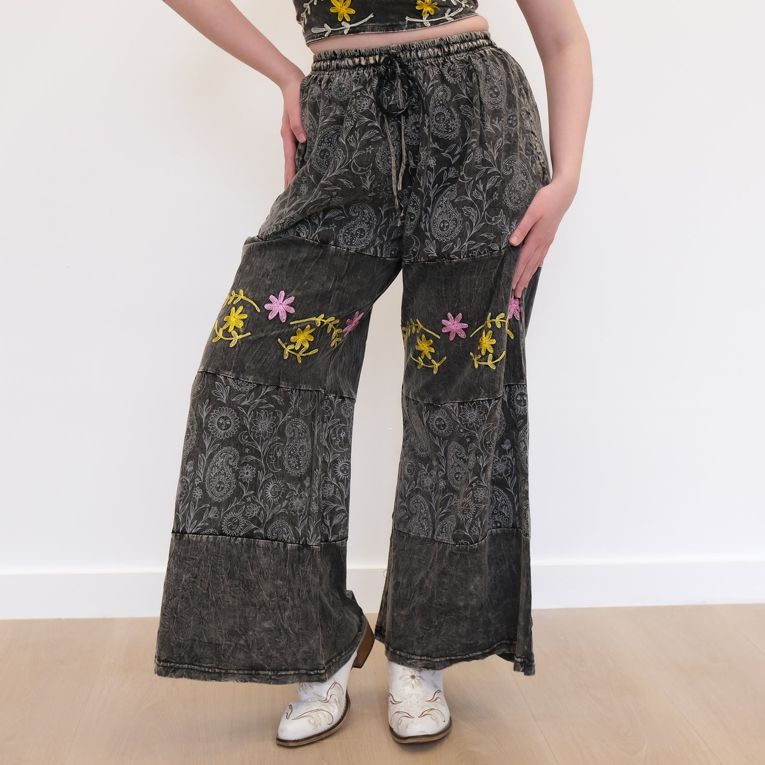 Paisley Boho Embroidered Flowy Wide Leg  Pants
