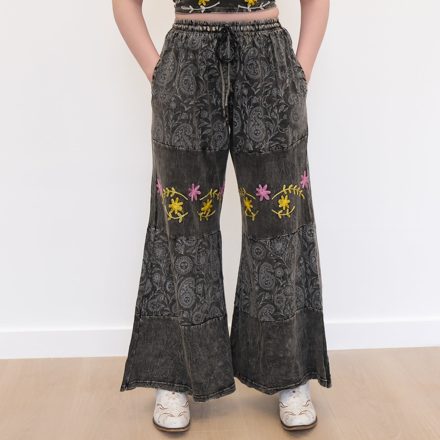 Paisley Boho Embroidered Flowy Wide Leg  Pants