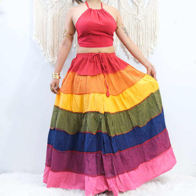 Rainbow Tiered Maxi Skirt with Pockets