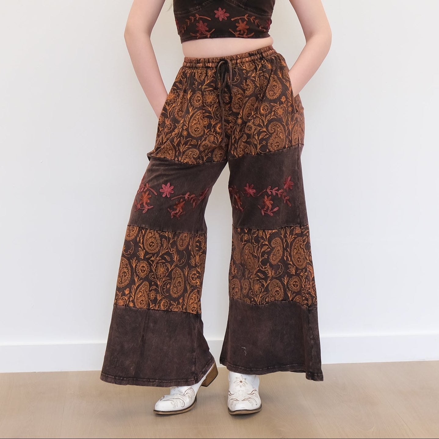 Paisley Boho Embroidered Flowy Wide Leg  Pants