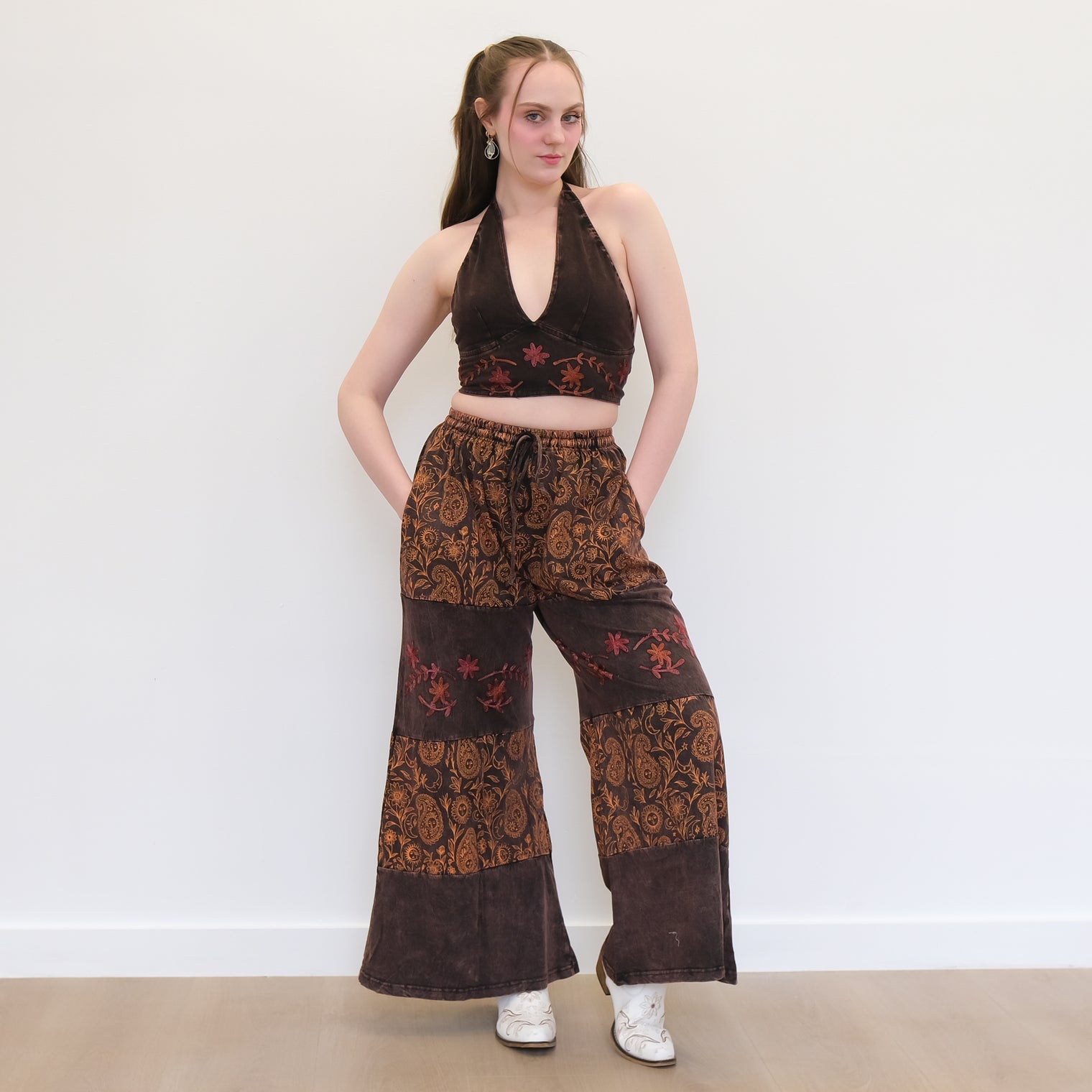 Boho Earthy Paisley Embroidered Flowy Pants with Reversible Bralette Set