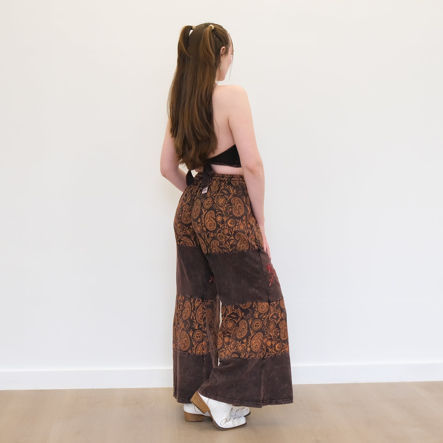 Boho Earthy Paisley Embroidered Flowy Pants with Reversible Bralette Set