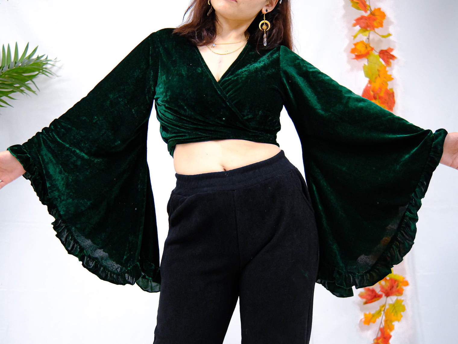 Velvet Boho Wrap Top with Ruffle Sleeve