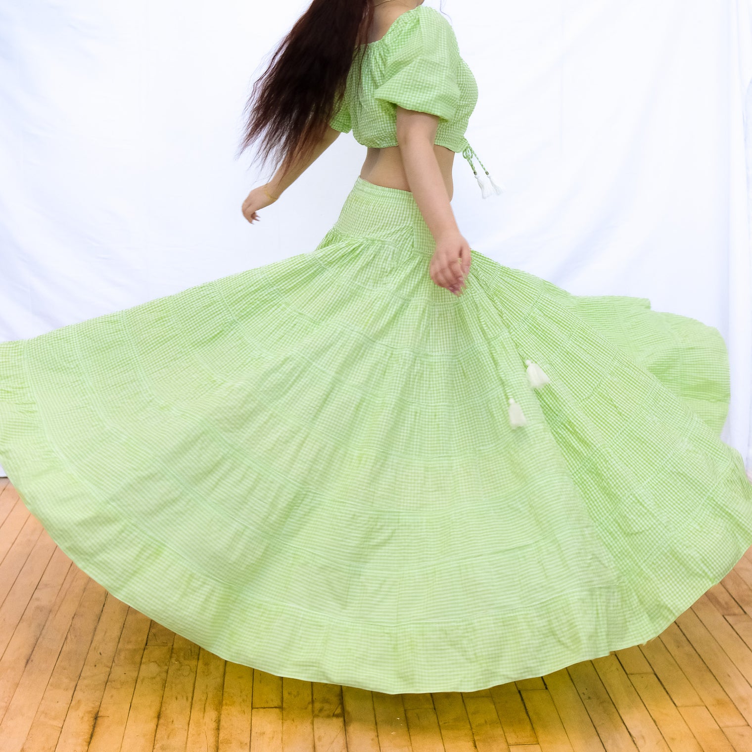 Gingham Flowy Skirt with Puff Sleeve Top