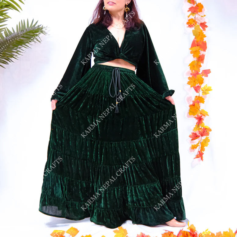 Bohemian Style Flowy Velvet Skirt Set with Ruffle Top