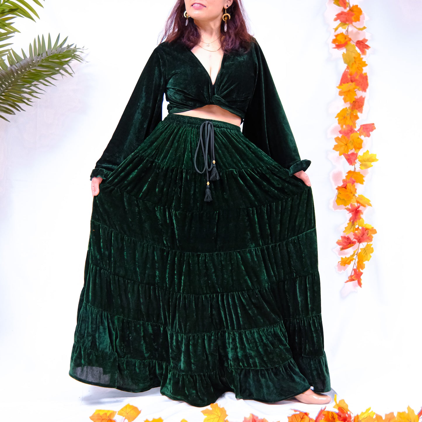 Bohemian Style Flowy Velvet Skirt Set with Ruffle Top