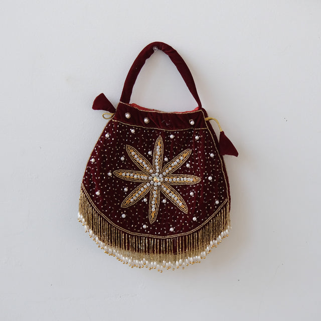 Handmade Velvet Embroidered Potli Bag with Beadwork & Pearl Fringe