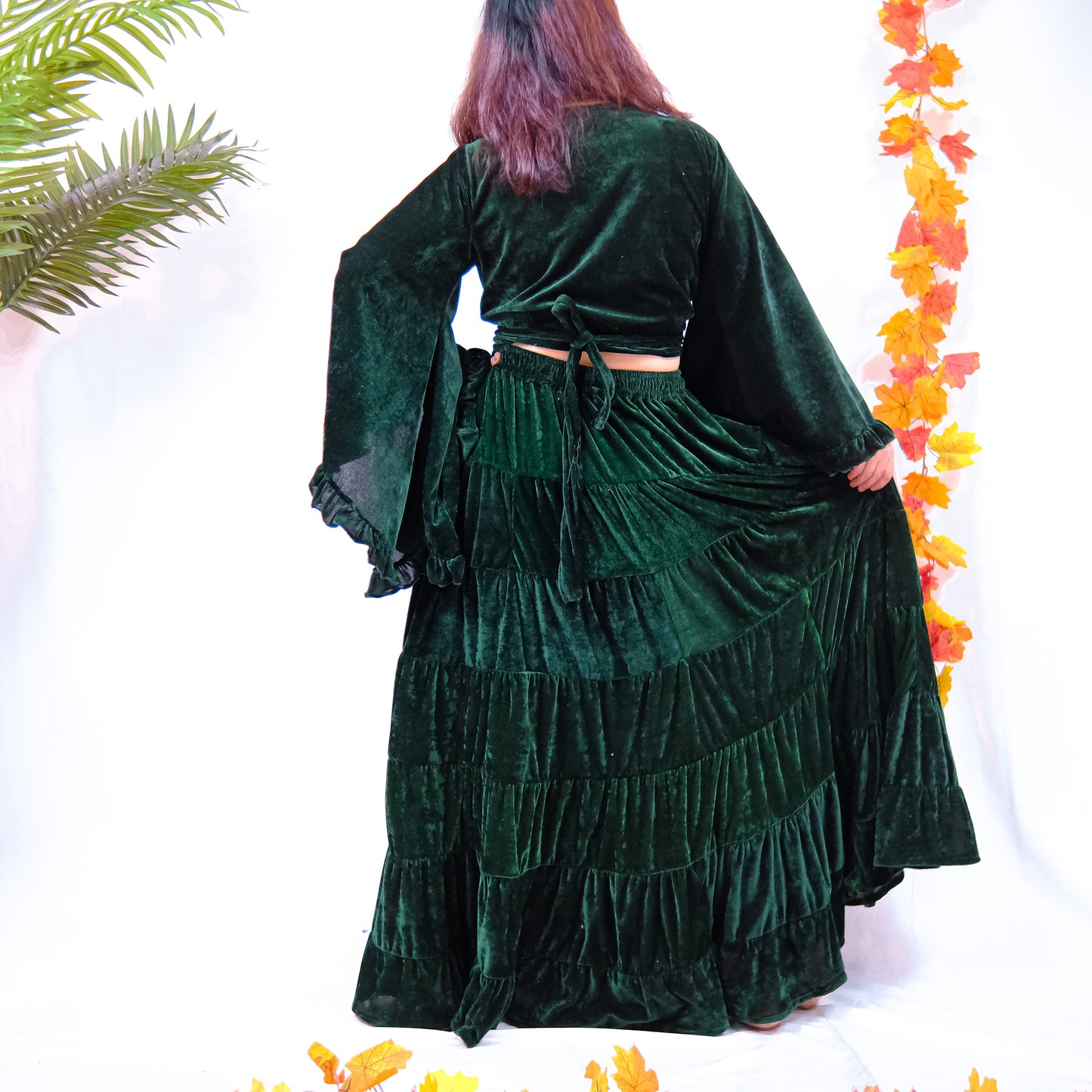 Bohemian Style Flowy Velvet Skirt Set with Ruffle Top