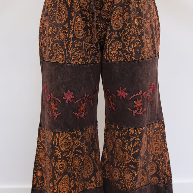 Boho Earthy Paisley Embroidered Flowy Pants with Reversible Bralette Set