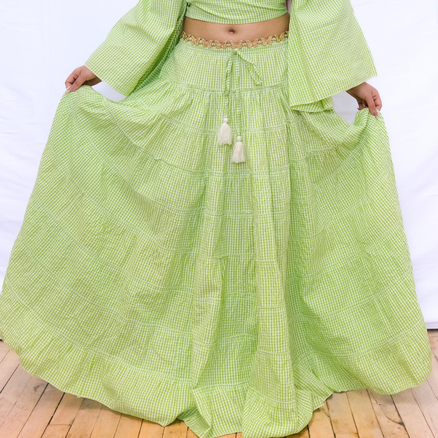 Gingham Long Skirt and Bell Sleeve Top