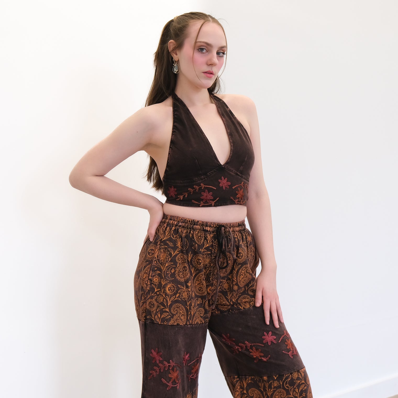 Boho Earthy Paisley Embroidered Flowy Pants with Reversible Bralette Set