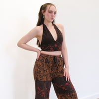 Boho Earthy Paisley Embroidered Flowy Pants with Reversible Bralette Set