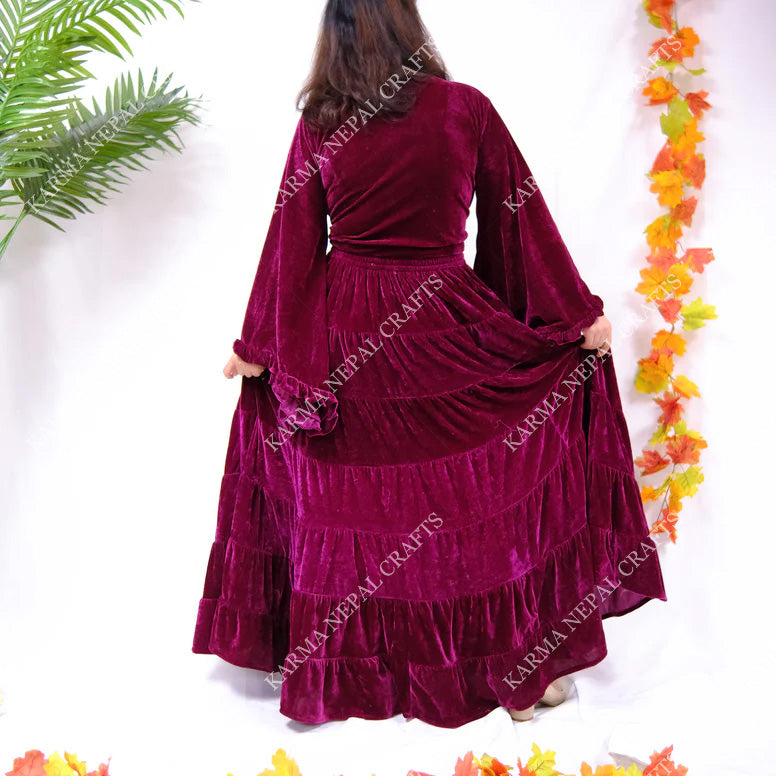 Bohemian Style Flowy Velvet Skirt Set with Ruffle Top