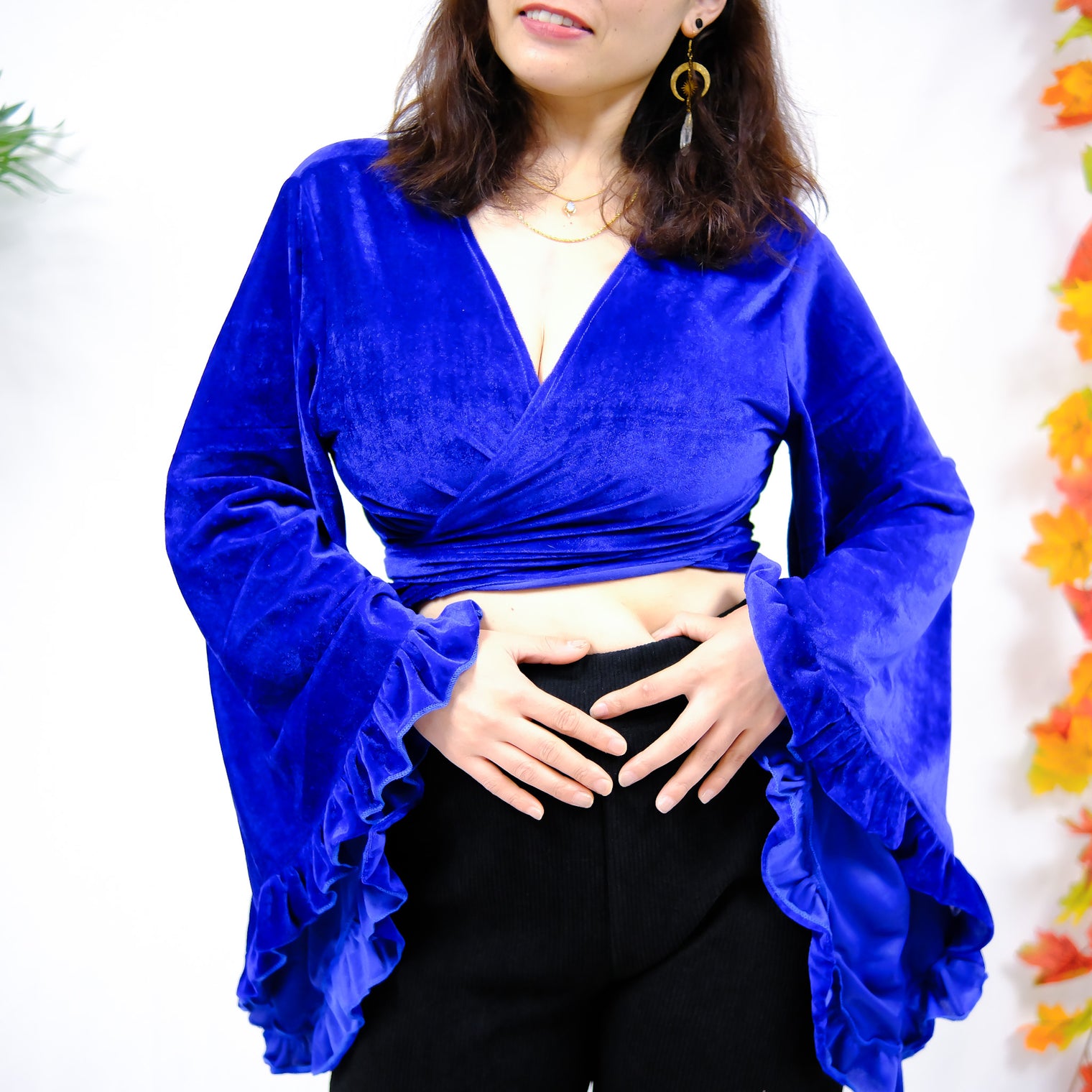 Velvet Boho Wrap Top with Ruffle Sleeve