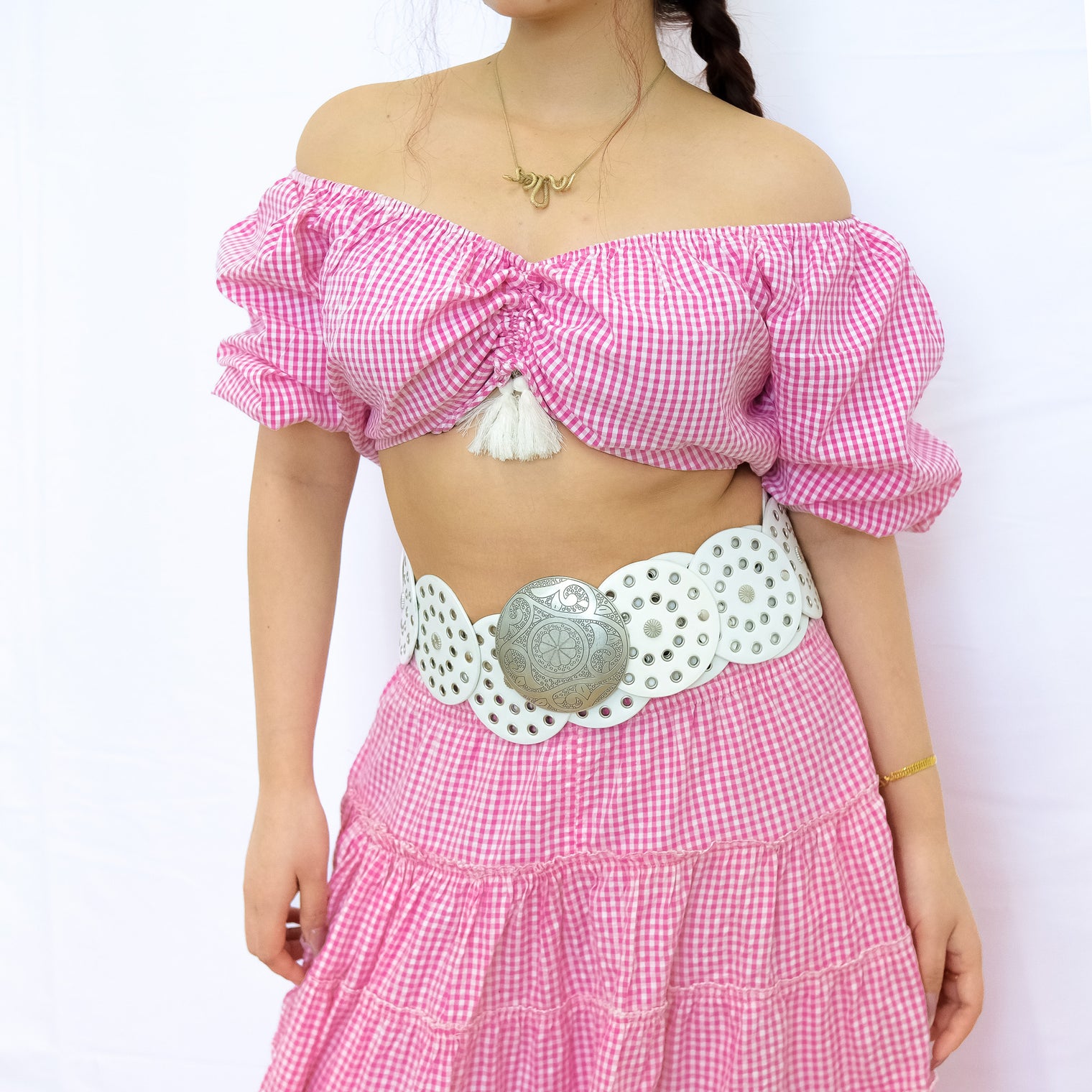 Gingham Flowy Skirt with Puff Sleeve Top