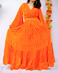 Bohemian Style Flowy Velvet Skirt Set with Ruffle Top