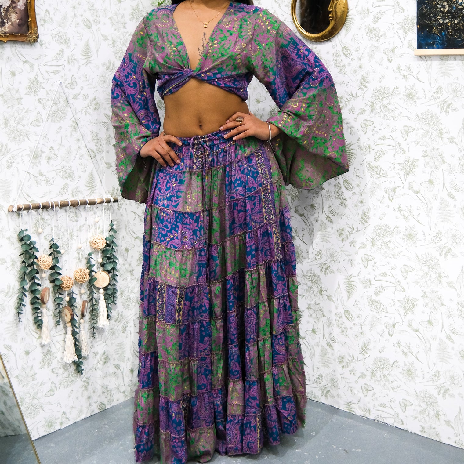 Ethereal Paisley Skirt with Ruffle Sleeve Top