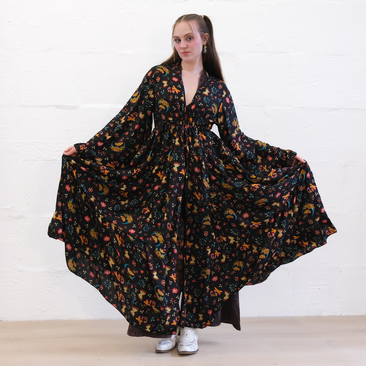 Whimsical Butterfly Garden Duster with Ruffle Bell Sleeves