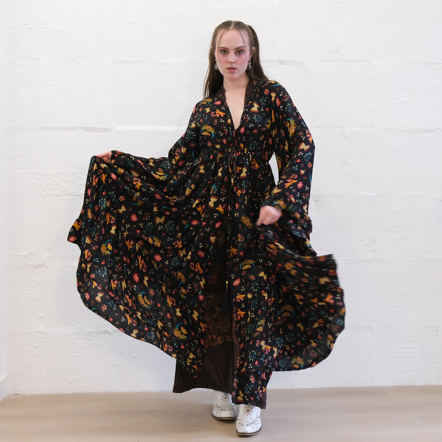 Whimsical Butterfly Garden Duster with Ruffle Bell Sleeves