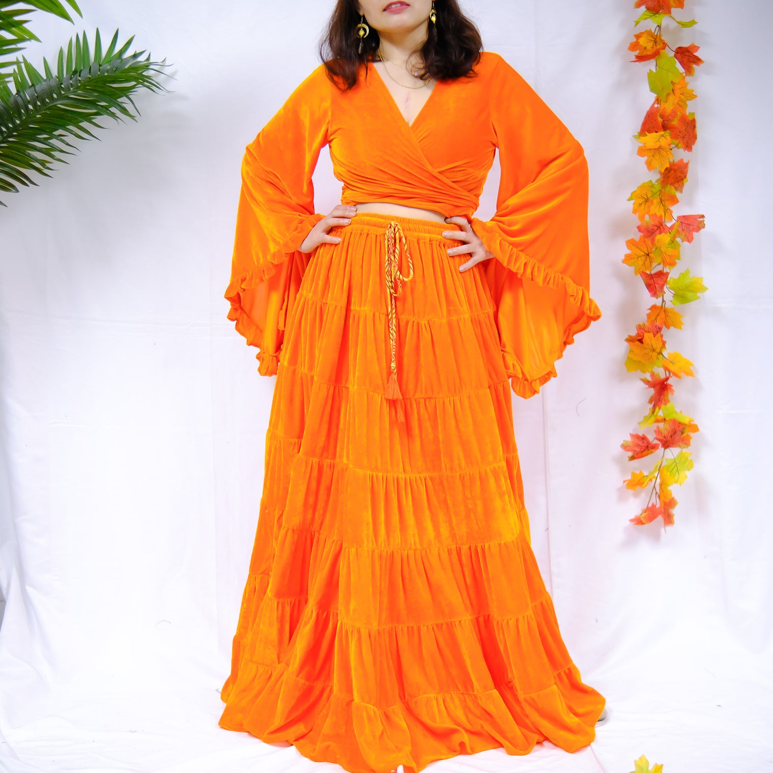 Bohemian Style Flowy Velvet Skirt Set with Ruffle Top