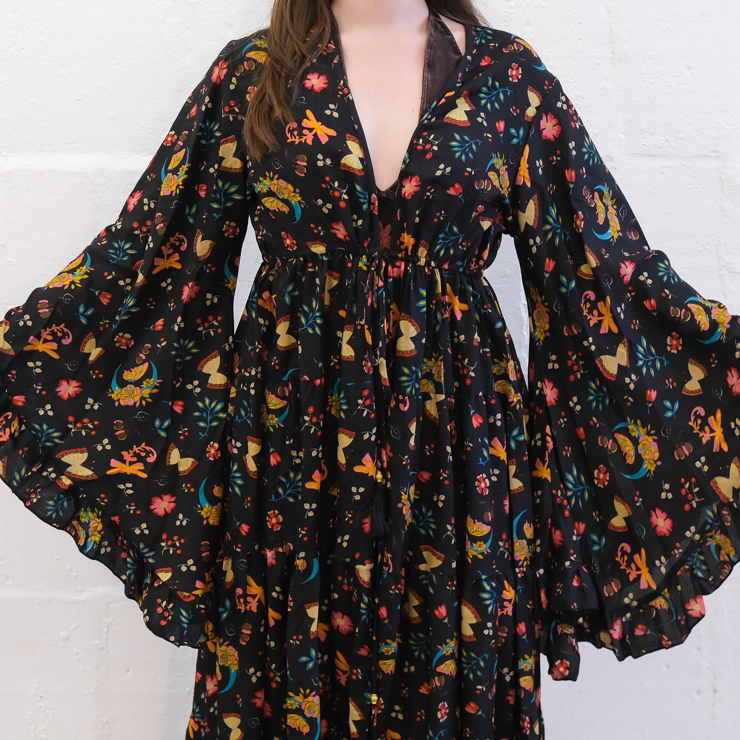 Whimsical Butterfly Garden Duster with Ruffle Bell Sleeves