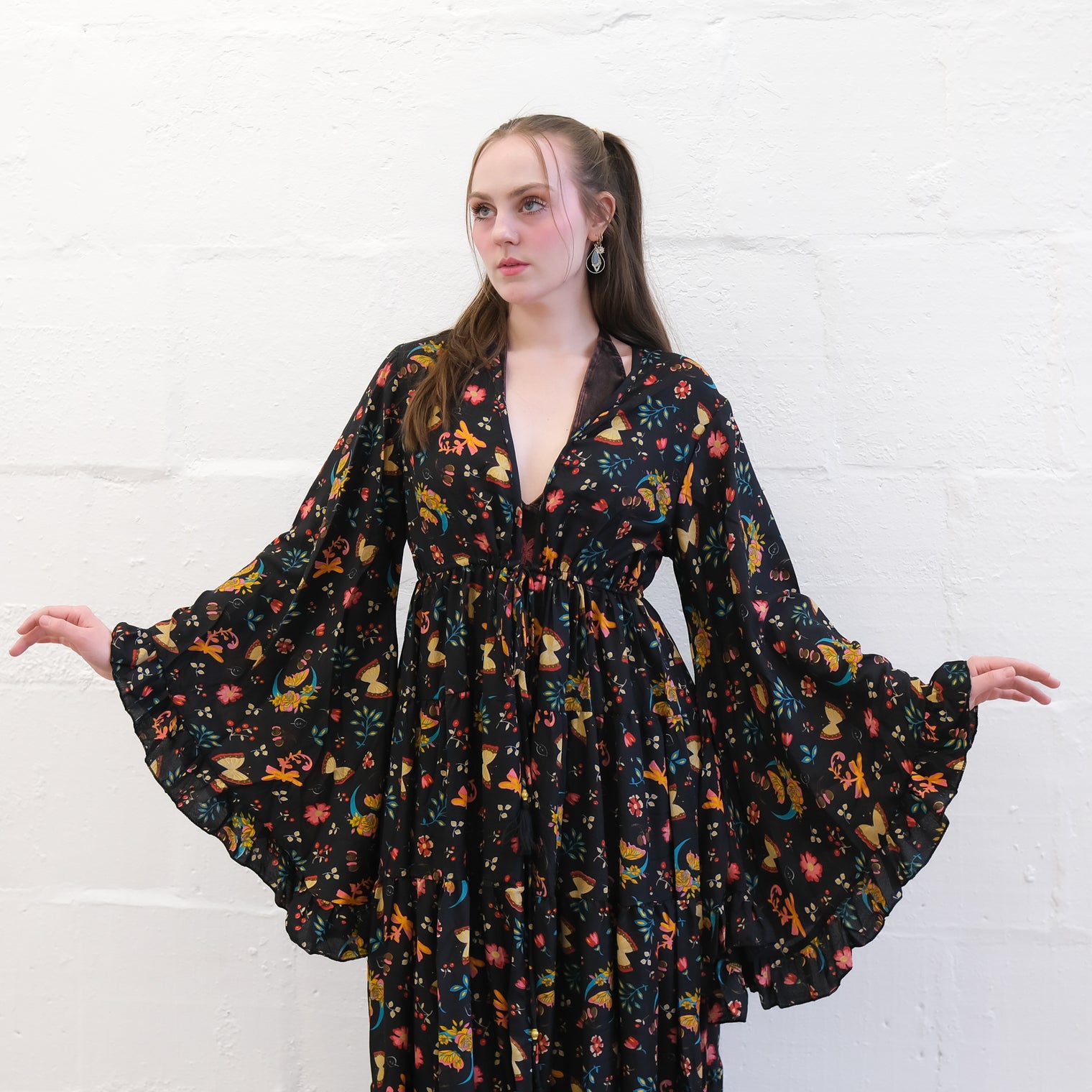 Whimsical Butterfly Garden Duster with Ruffle Bell Sleeves