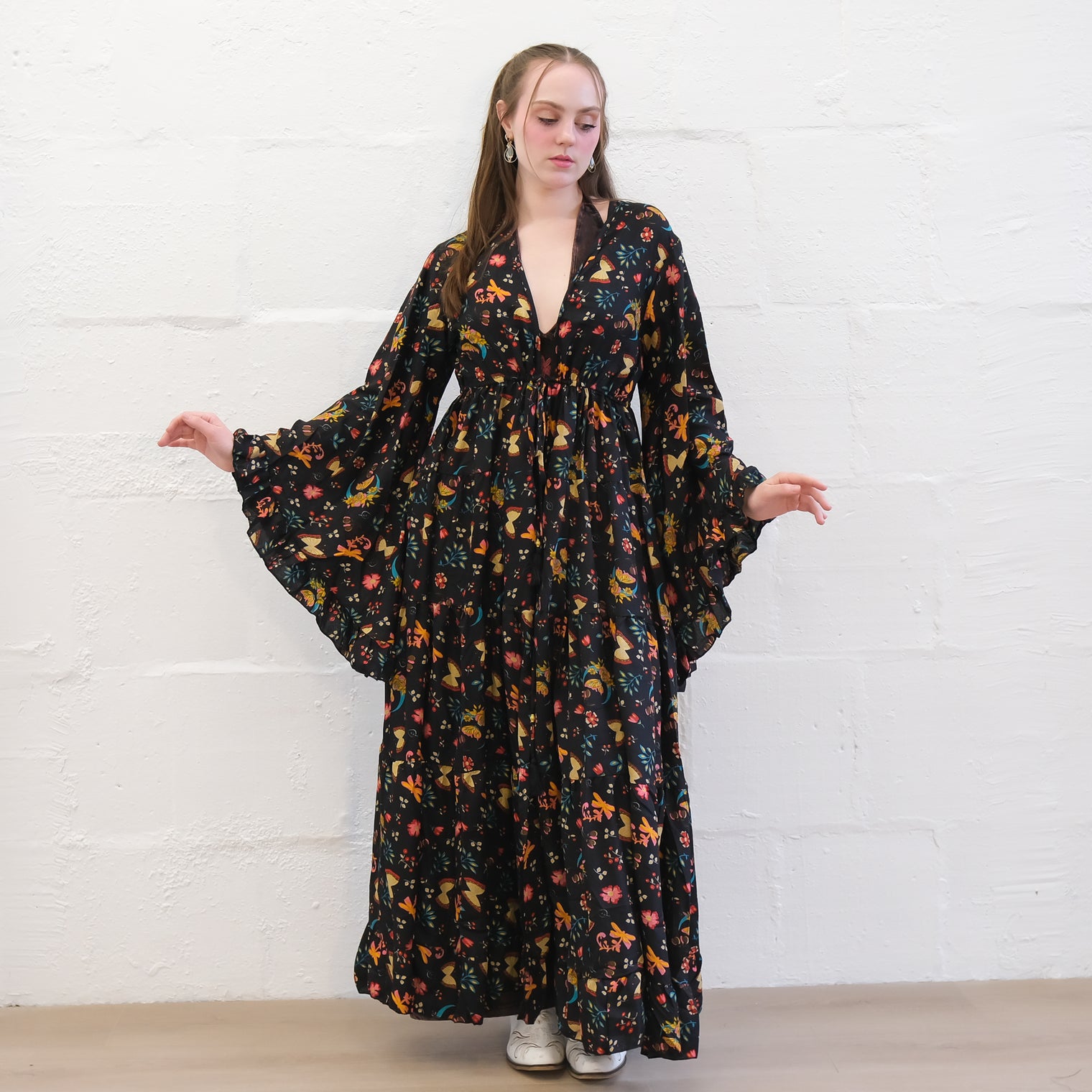 Whimsical Butterfly Garden Duster with Ruffle Bell Sleeves