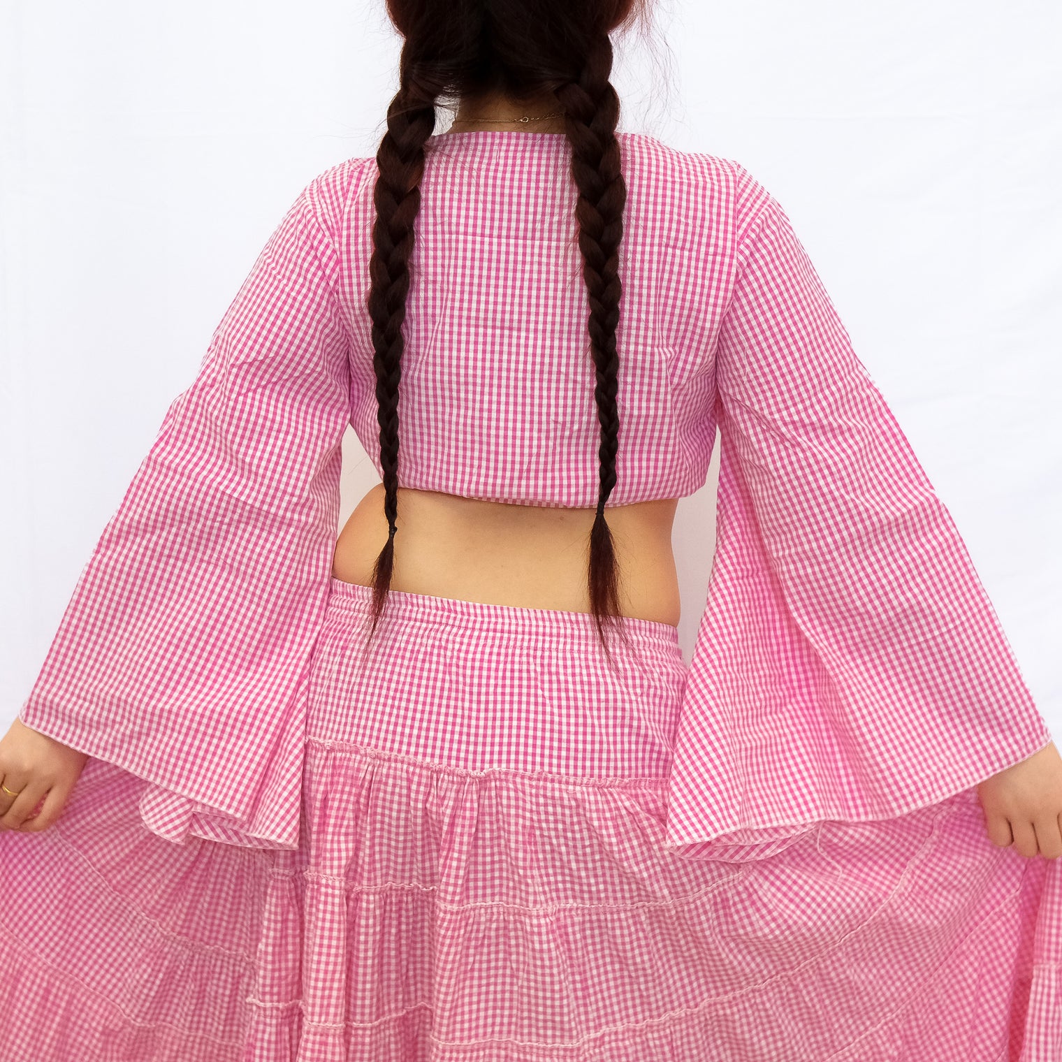 Gingham Long Skirt and Bell Sleeve Top