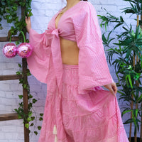 Gingham Long Skirt and Bell Sleeve Top