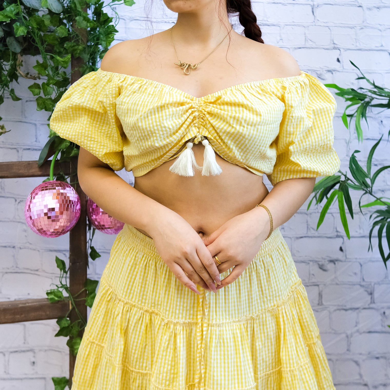 Gingham Flowy Skirt with Puff Sleeve Top