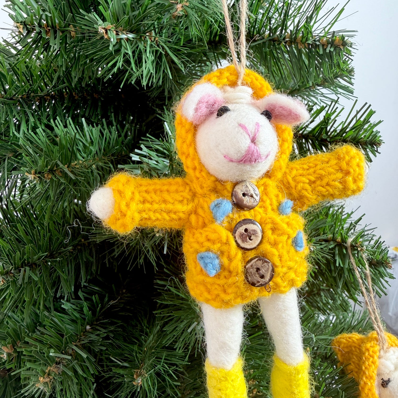 Needle Felted Lamb Ornament with Yellow Hooded Sweater
