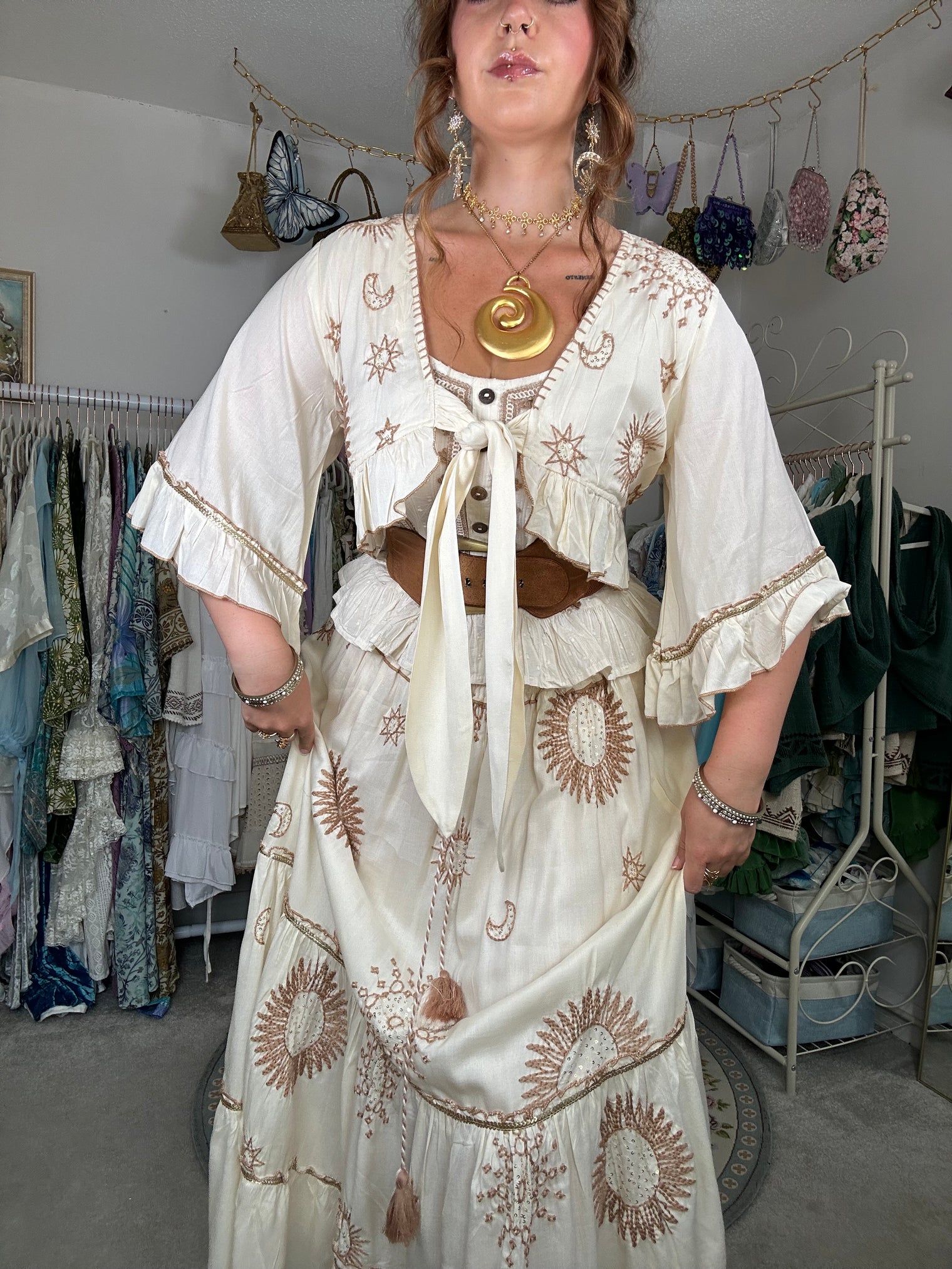 Bohemian Embroidery Skirt with Ruffle Sleeve Top