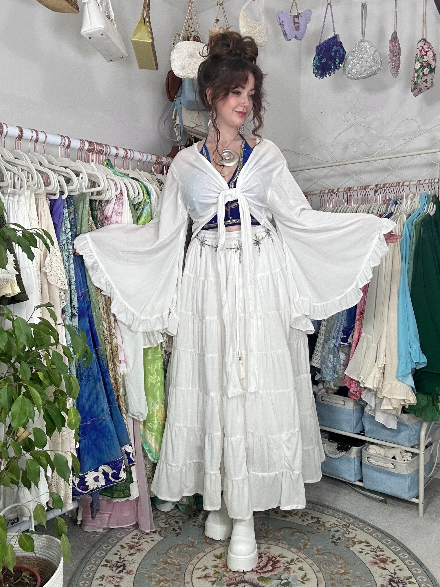 Bohemian Style Flowy Velvet Skirt Set with Ruffle Top