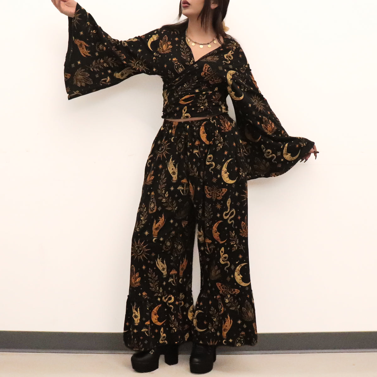 Witchy Boho Bell Sleeve Top and Wide Leg Pants Set