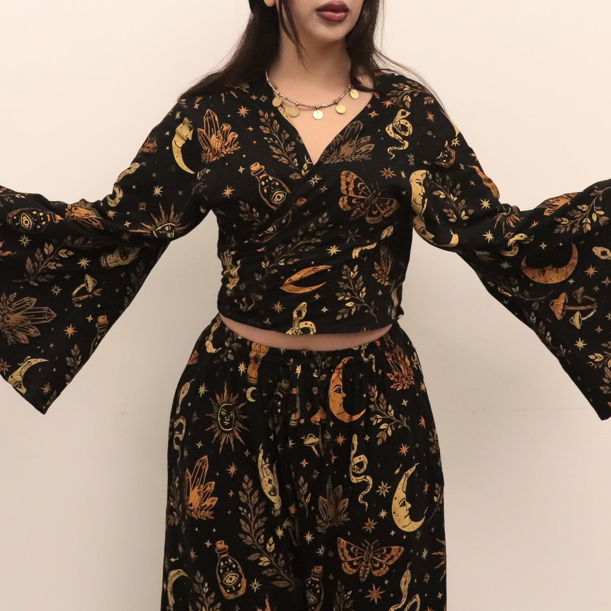 Witchy Boho Bell Sleeve Top and Wide Leg Pants Set