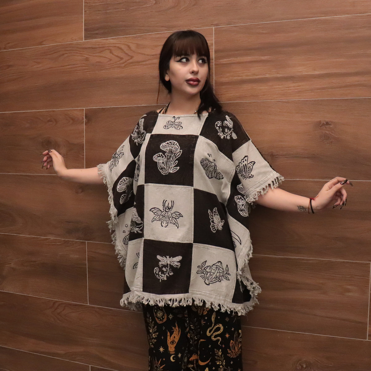 Boho Patchwork Butterfly Poncho Top with Fringe