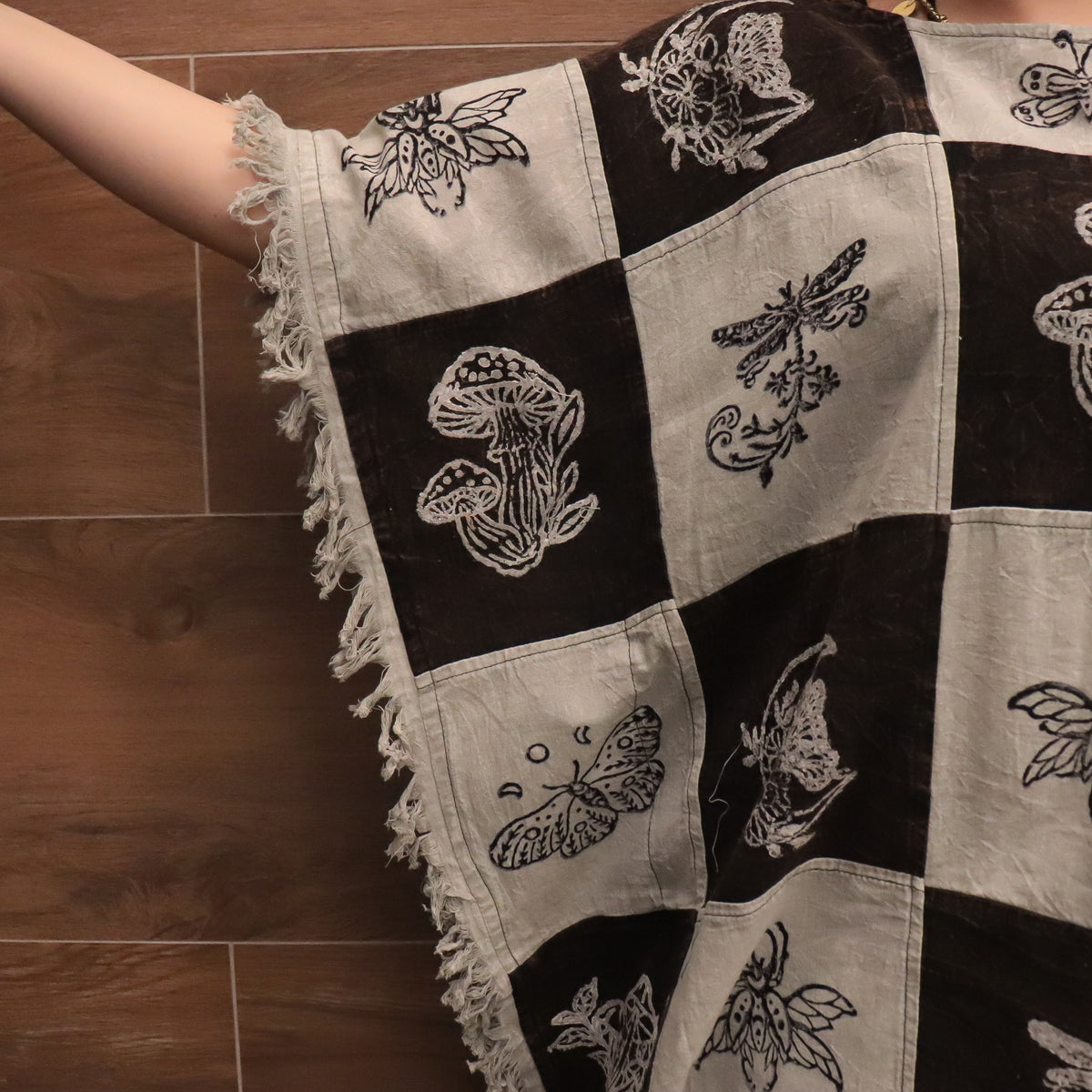 Boho Patchwork Butterfly Poncho Top with Fringe