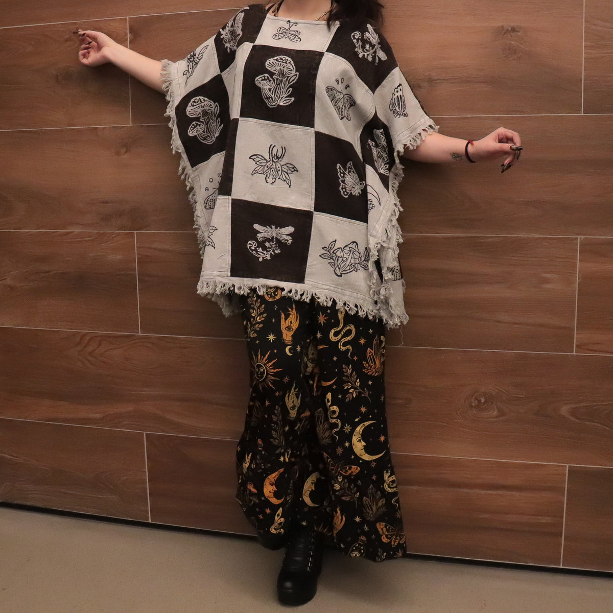 Boho Patchwork Butterfly Poncho Top with Fringe