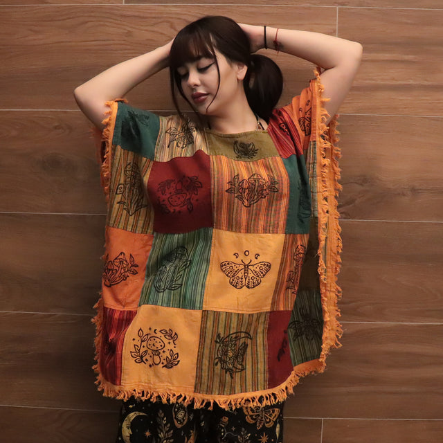 Boho Patchwork Butterfly Poncho Top with Fringe