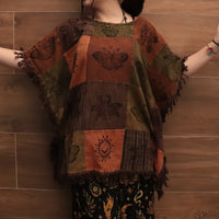Boho Patchwork Butterfly Poncho Top with Fringe