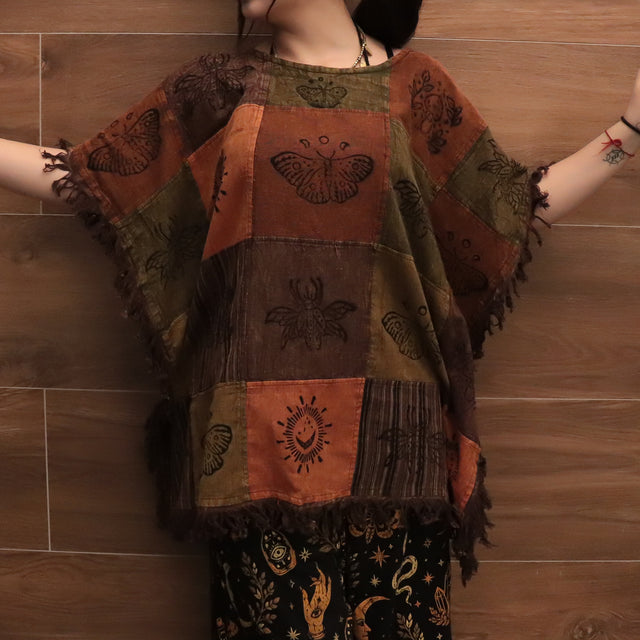 Boho Patchwork Butterfly Poncho Top with Fringe