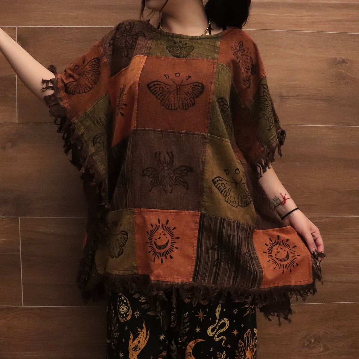 Boho Patchwork Butterfly Poncho Top with Fringe