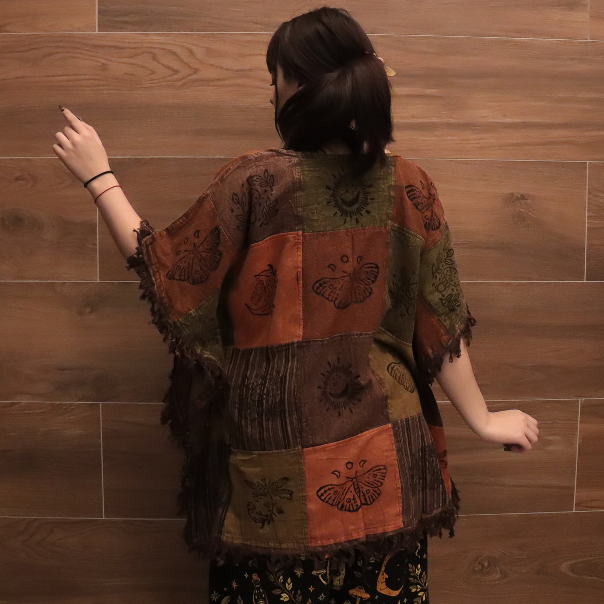Boho Patchwork Butterfly Poncho Top with Fringe