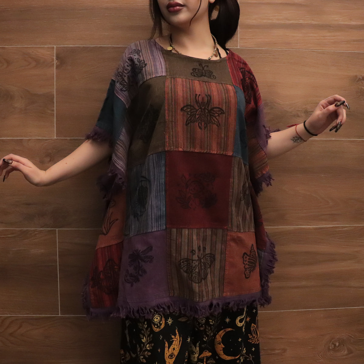 Boho Patchwork Butterfly Poncho Top with Fringe