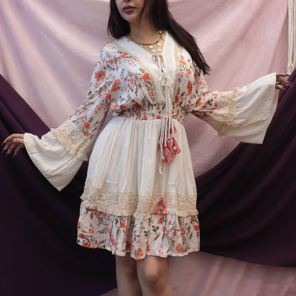 Whimsical Floral Lace Mini Dress with Shell Accents