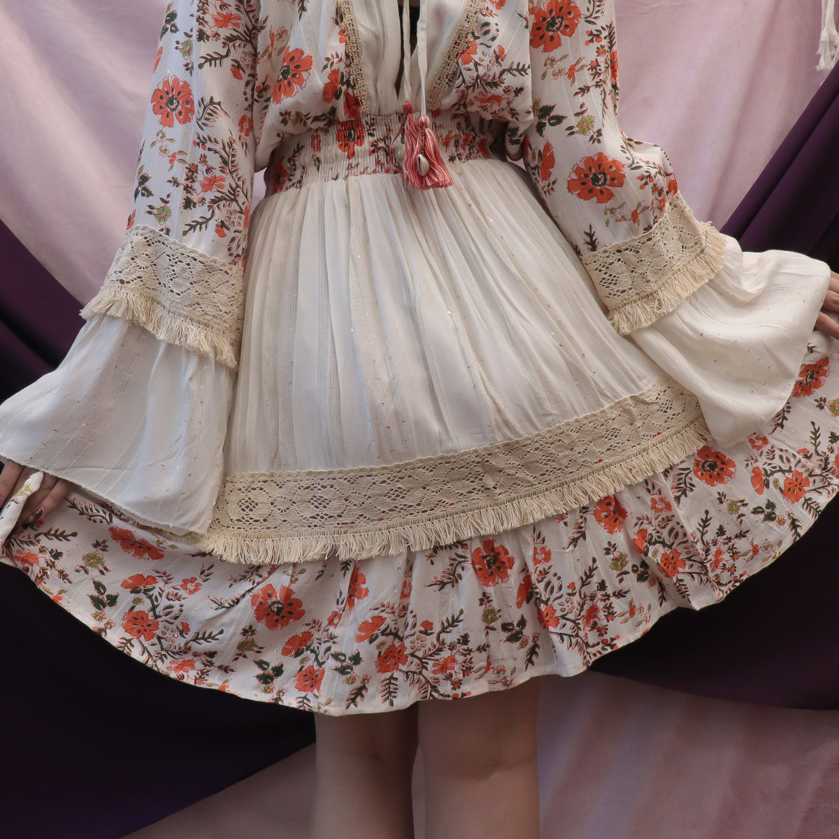 Whimsical Floral Lace Mini Dress with Shell Accents
