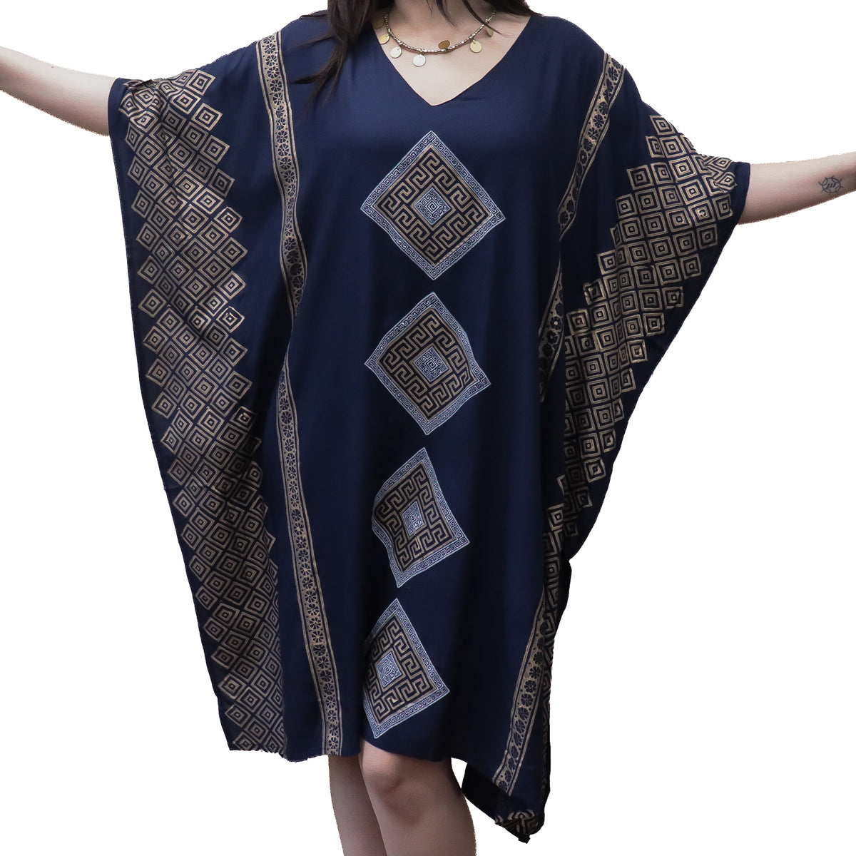 Shimmering Gold Block Print Boho Kaftan Dress