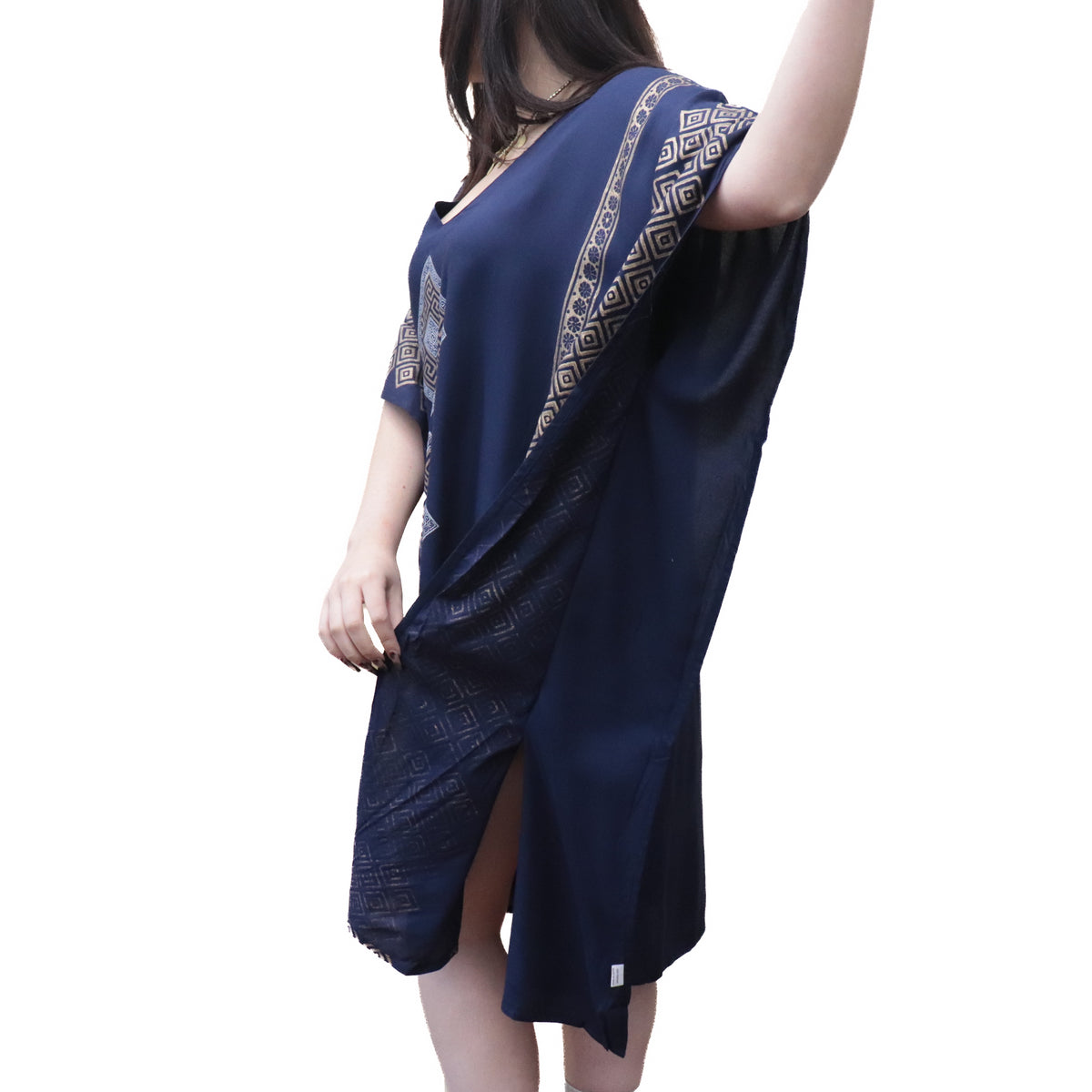 Shimmering Gold Block Print Boho Kaftan Dress