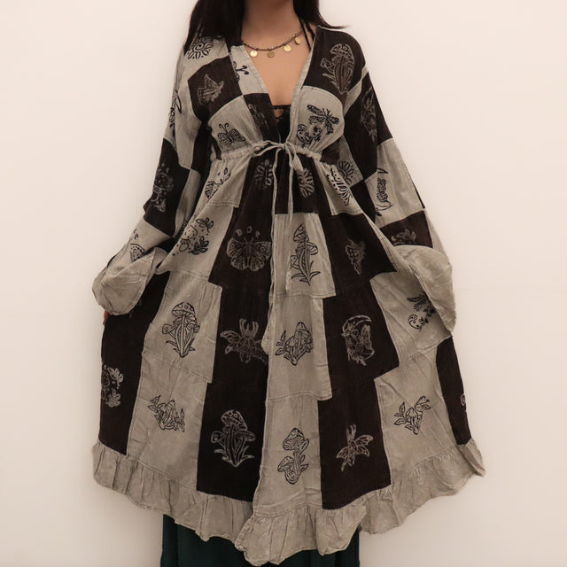 Boho Patchwork Ruffle Sleeve Long Duster